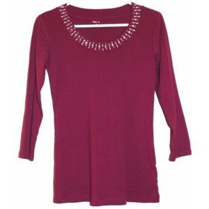 Style&co Women Top Embellished Scoop Neck 3/4 Sleeves 100% Cotton Red Size Small